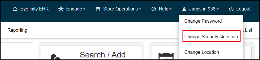 Screenshot highlighting the Change Security Question option on the User drop-down menu
