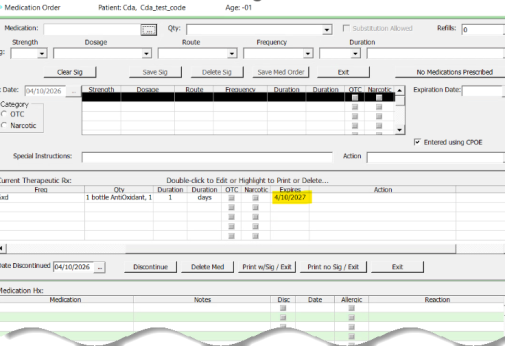 Screen shhot of the Medication Order window with the Expires column highlighted
