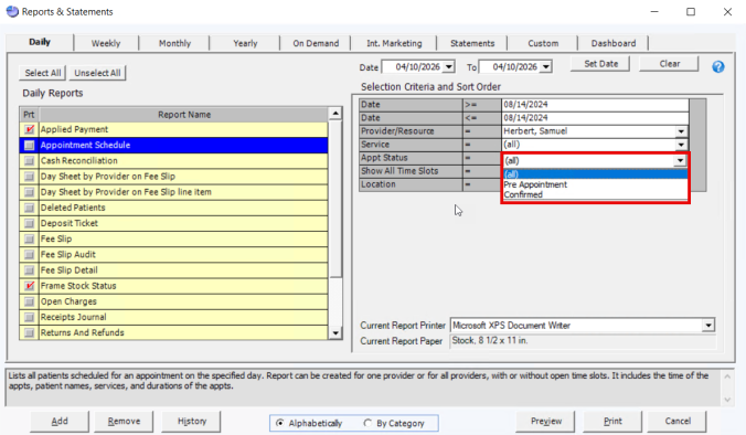 Screen shot of the Reports & Statements window open to the Appointment Schedule report with the Appt Status drop-down menu options highlighted