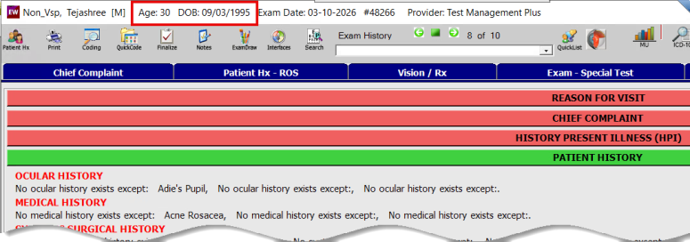 Screen shot of an example patient exam chart with the age and date of birth highlighted at the top of the screen