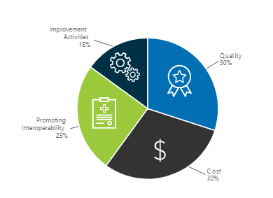 Quality 45%. Promoting Interoperability 25%. Improvement Activities 15%. Cost 15%.